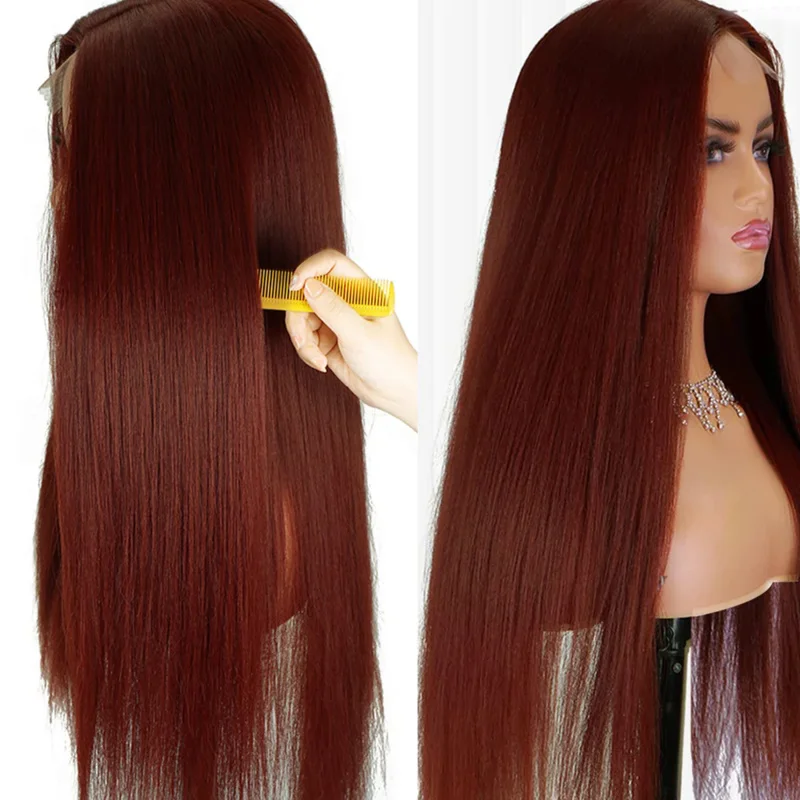 شعر مستعار غريب مستقيم للنساء السمراوات ، شعر ياكي صناعي ، ألياف مقاومة للحرارة ، شعر مستعار أفريقي بني طبيعي ، استخدام يومي ، 28 بوصة ، 30 بوصة