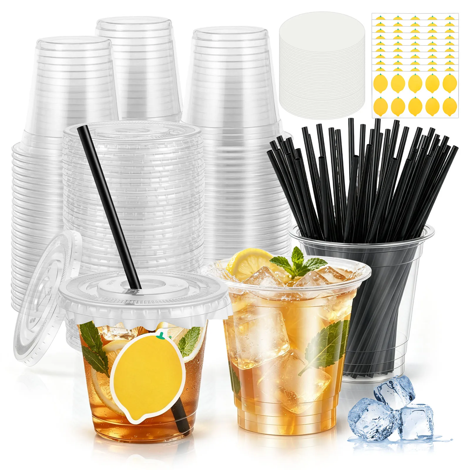 50/100Pcs Plastic Cups with Lid and Straw 12Oz Disposable Cups Clear Cold Beverage Cup Set for Iced Coffee Smoothie Milkshake