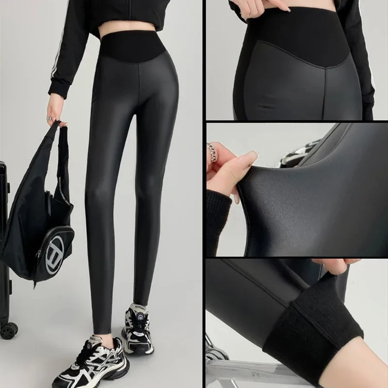 Nowe, obcisłe, elastyczne spodnie skórzane damskie z pluszowym, cienkim wykończeniem, wysokie w pasie, wyszczuplające spodnie, do noszenia jako bazowe spodnie do jogi.