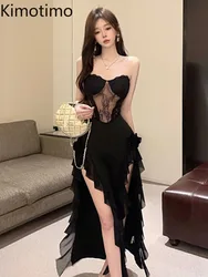 Kimotimo Women Dress Sexy Patchwork Mesh Strapless Irregular Waist Ruffled Split Black Dresses 2024 Fashion Night Party Vestidos