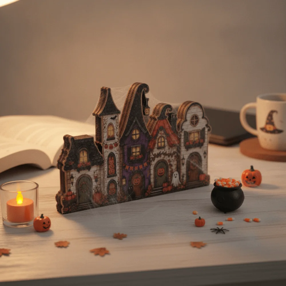 Wooden Wooden Haunted House Vintage Finish Multi-layer Halloween Village Decor Eco-friendly Rustic Style Rustic Autumn Ornament