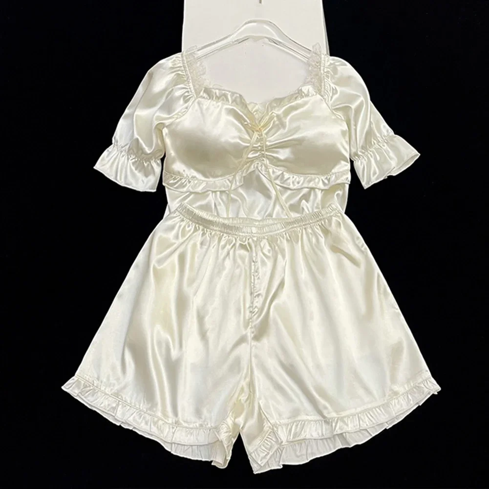 

Womens Simple Elegant Pajamas Thin Ruffled Home Clothes Set Casuals Camis Top And Shorts Sets Loungewear