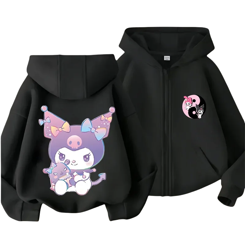 Sanrio Kuromi Kids Zipper Hoodie Cartoon Print Autumn/Winter Long-sleeved Sweatshirt Casual Top For Boy And Girl Outdoor Jackets