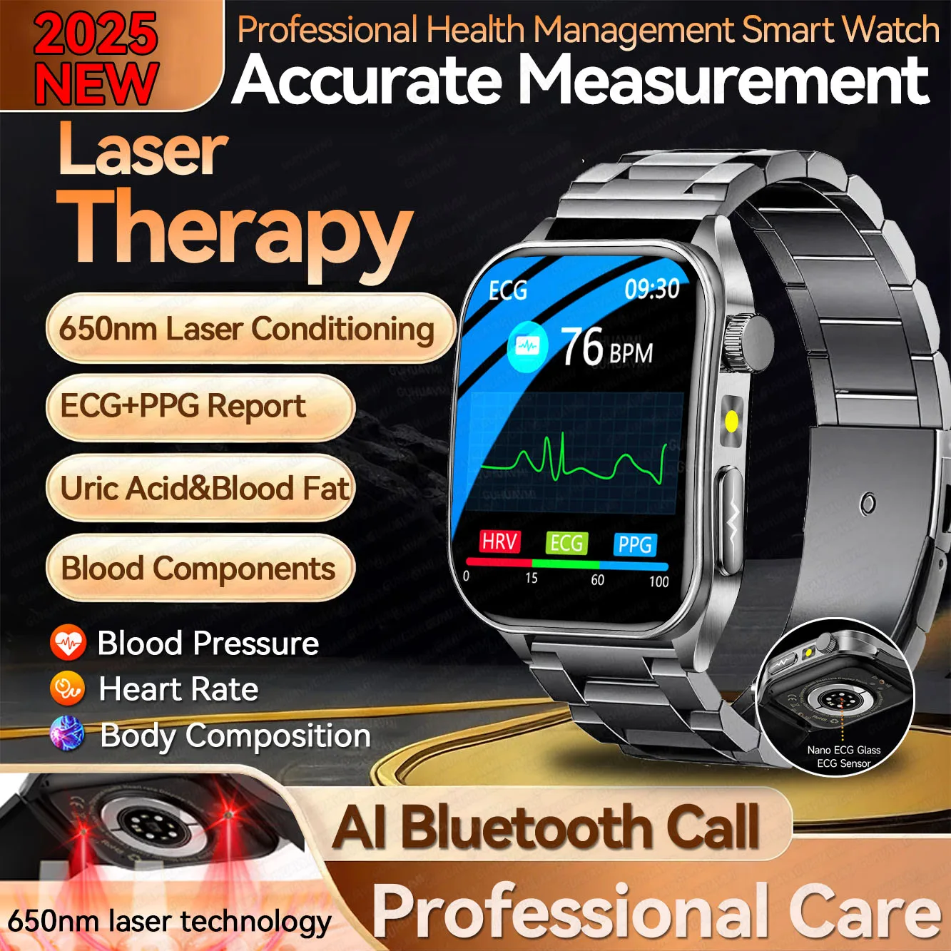 

2025New Laser Therapy ECG+PPG Smart Watch Men 3D Curve Sapphire Glass Blood Pressure Uric Acid Lipid Sport BT Call Smartwatches