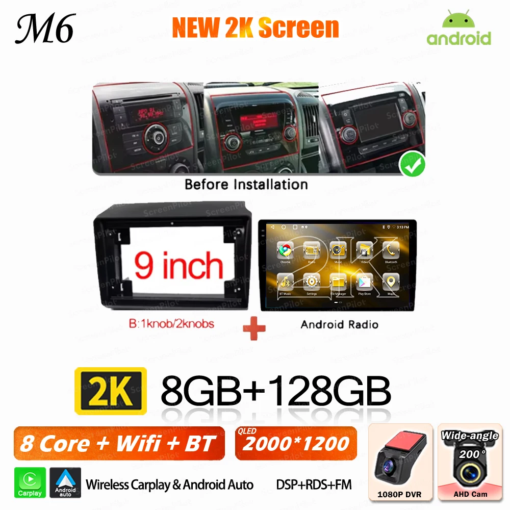 Android 16 voor Fiat Ducato Peugeot Boxer Citroen Jumper 2 2006-2022 Carplay Android Auto 2K QLED Wifi GPS autoradio multimediasysteem 5G