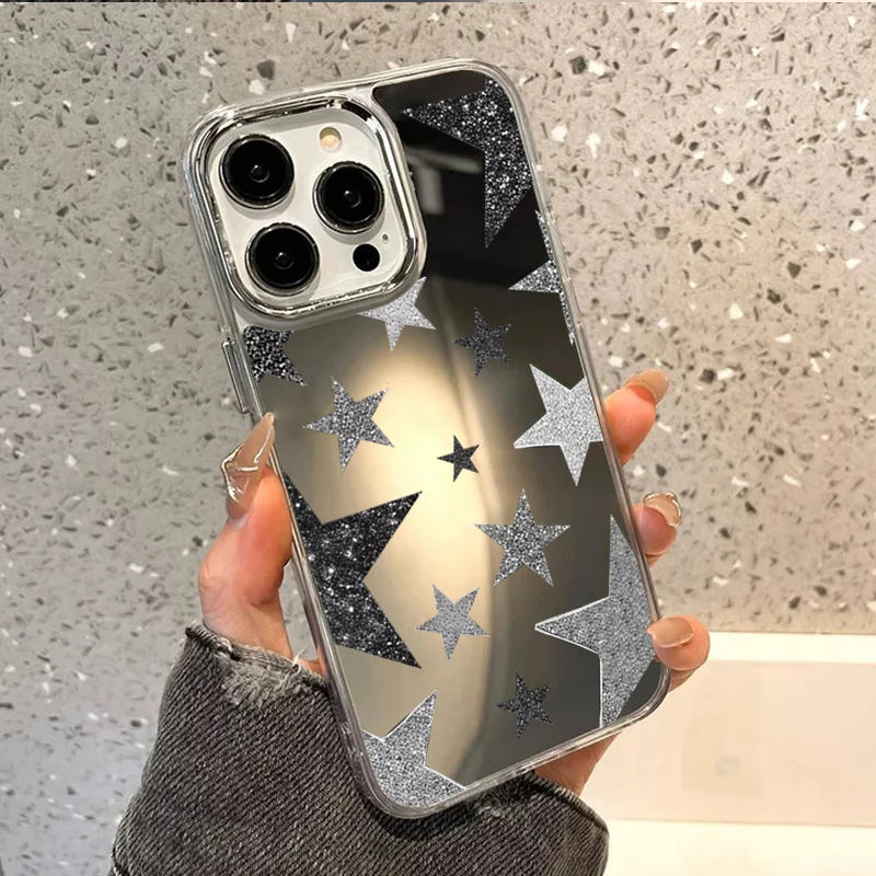 Capa de Celular Espelhada com Estampa de Estrelas Brilhantes para iPhone 17 16 15 Pro Max 14 Pro 13 11 12 Pro Max Plus 16E Capa Protetora Antichoque