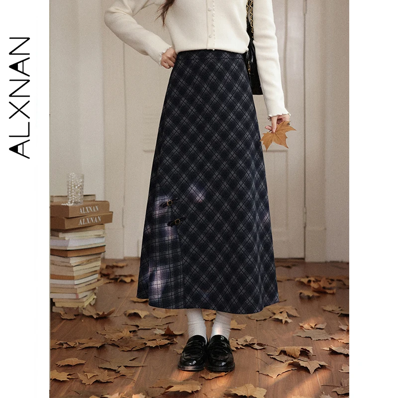 ALXNAN jupe à carreaux automne hiver rétro boutons en métal grand ourlet taille haute jupes élégance doux polyvalent vêtements pour femmes L58628