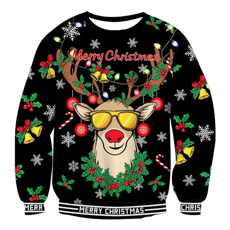 

3D Printed Christmas Cat Sweatshirt For Men Women Reindeer Snowman Pattern Pullovers Casual Loose Round Neck Long Sleeve Hoodies