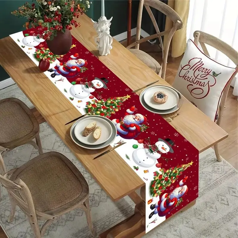 VIKAMA Xmas Table Runner Santa Snowman Christmas Tree Pattern Tablecloth for Dining Room Home Festival Decoration