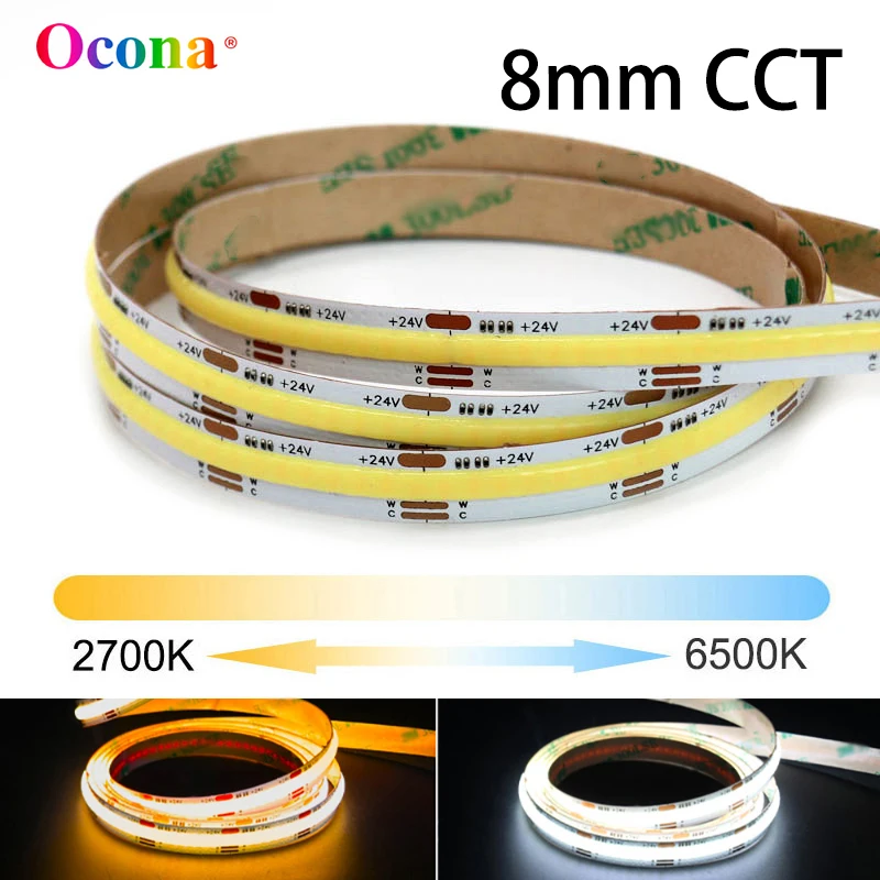 8mm Narrow PCB COB CCT LED Strip Lights Tunable White 2700+6500K Dual Color CSP Warm+Cool White Ribbon LED Tape Lighting DC 24V