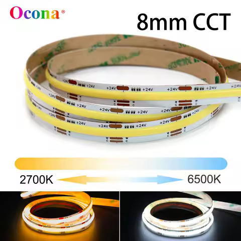 8mm Narrow PCB COB CCT LED Strip Lights Tunable White 2700+6500K Dual Color CSP Warm+Cool White Ribbon LED Tape Lighting DC 24V
