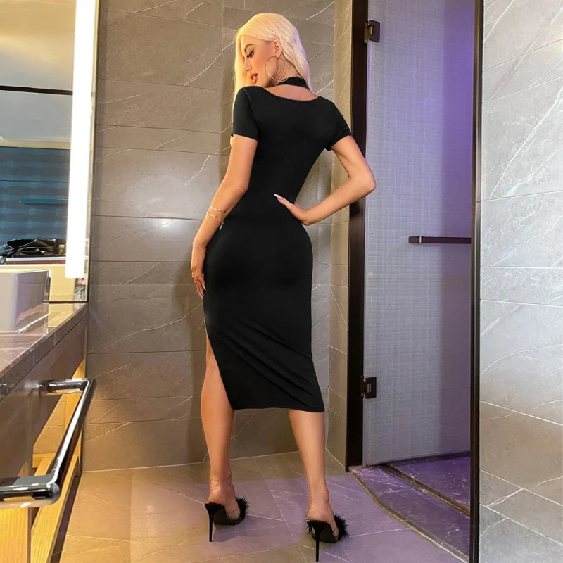 YQ1-Wind 여성 여름 신상 패션 솔리드 컬러 V넥 슬릿 바디콘 원피스 도매