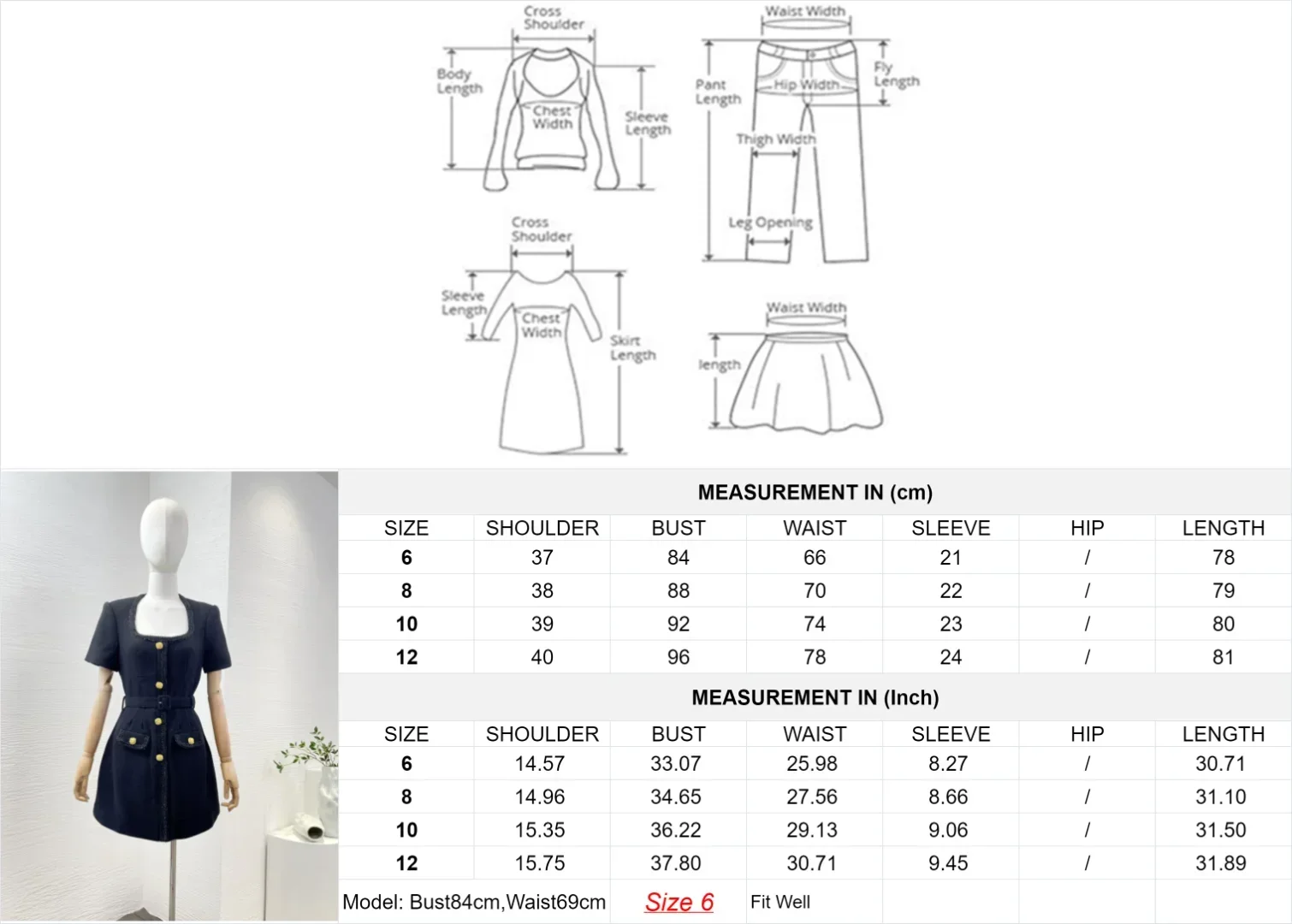 2024 New High Quality Classic Black Wool Square Neck Waisted Short Sleeve Belted Women Mini Dress