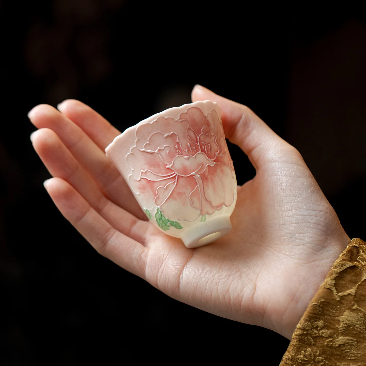 Rock Mineral Glaze Pure Hand Drawing Peony Porcelain Tea Tasting Cup Underglaze Color Gradient Pink Floral Single Kung Fu Set