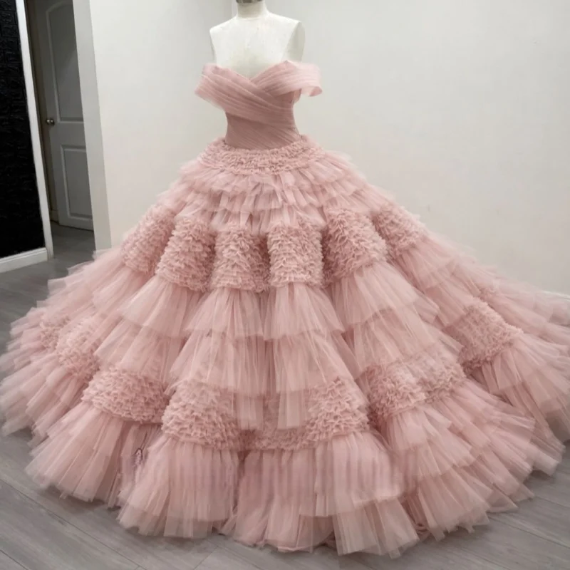 

Light Pink Quinceanera Dresses Off the Shoulder Decal Lace layering Long tail Bow Vestidoe 15 Quinceanera Customize