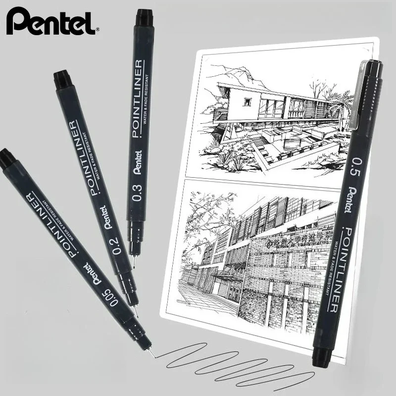 PENTEL Waterproof Outlining Pen Black Gray Brown 0.03-3.0mm for Design Hand-Drawn Comics and Stroking with Nylon Nibs