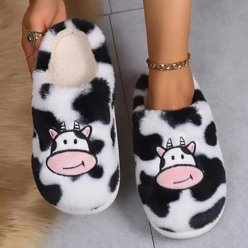 Platform Fluffy Slippers Women Home Winter Cute Casual Designer Shoes Girls 2024 Cow Cartoon House Fur Slides Soft Large Size