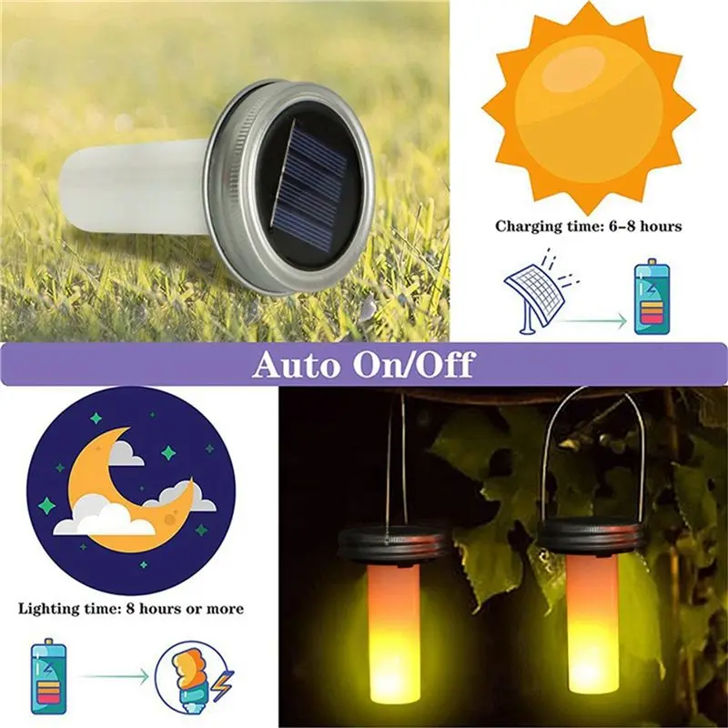 BHTS-Solar LED Flame Light Outdoor Mason Jar Lit Lamp Solar Candle Simulation Outside Lantern Garden Street Sunlight