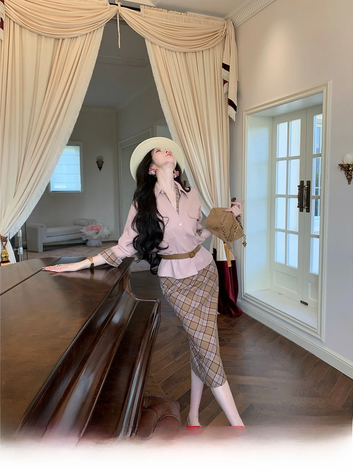 Syqiao Autumn Winter High Waist Midi Straight Tube Skirt Women's Plaid British Style Elegant Half-length Skirt with Back Split