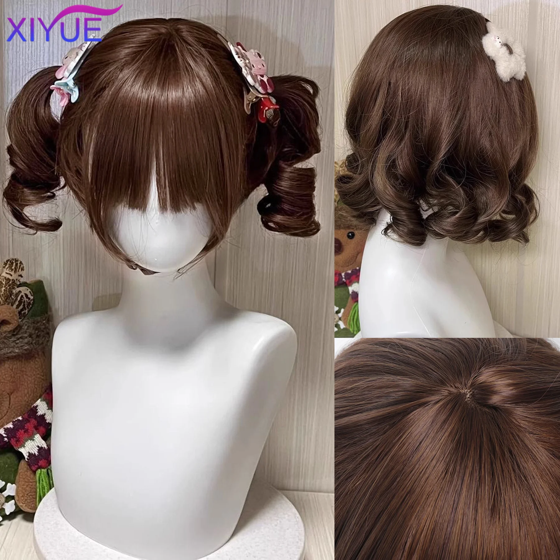Black Twin Ponytail Princess Cut Natural Short Hair Synthetic Wigs With Bangs For Women Heat Resistant Cosplay Lolita Hair ﻿