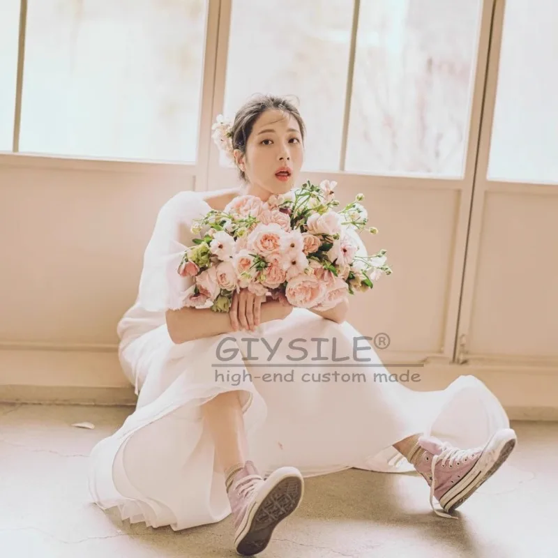 GIYSILE Aangepaste witte schouder mode fishtail trouwjurk Super Fairy 2025, nieuwe eenvoudige mesh feestjurken bubble mouw