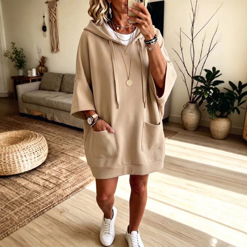 Women Solid Drawstring Hoodie Dress 3/4 Sleeve Tunic Pocket Loose Sweatshirt Short Dress Casual Fall Streetwear Daily Mini Dress
