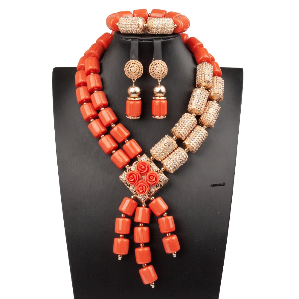 Green Nigerian 2 Layers Flower Necklace Imitation Coral Jewelry Set for Women Plastic Beads African Wedding Necklace ABG200