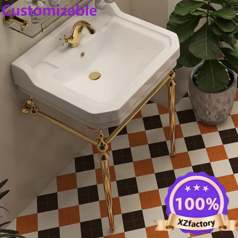 Factory Direct 2026 French retro floor-to-ceiling wash basin brass bracket gold bathroom balcony wash basin bathroom cabinet