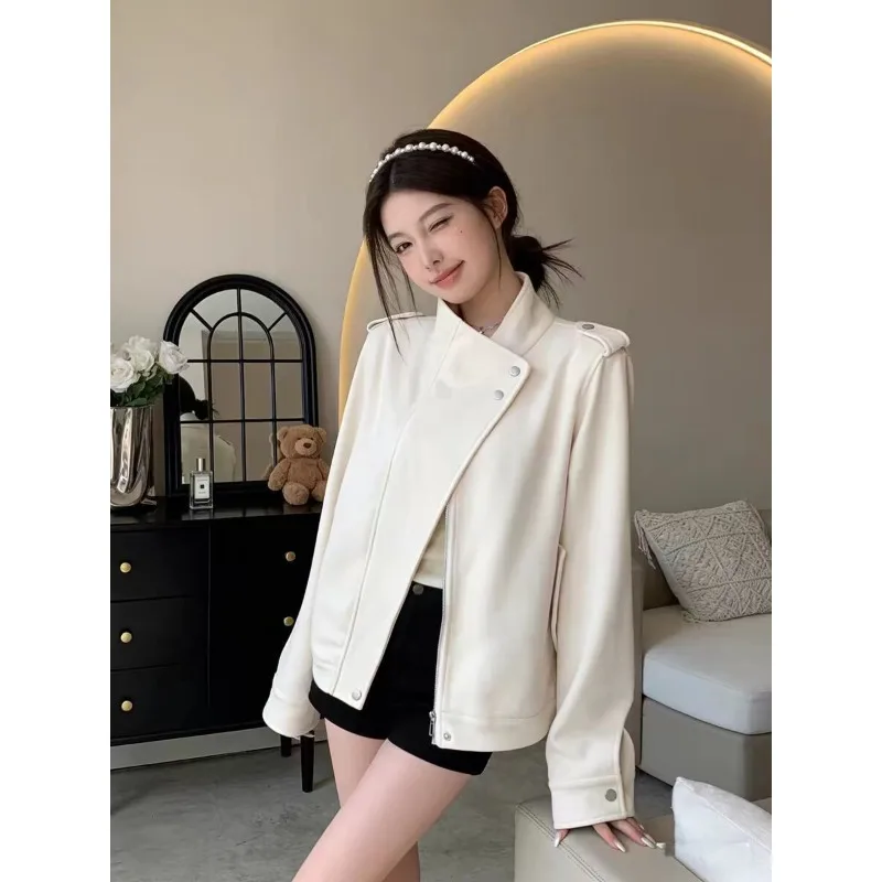 Women Moto Style Stand Collar Jacket Spring Autumn White Loose Design Sense Casual Outerwear Fashion Biker Coat