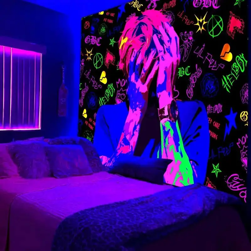VIKAMA Neon Blacklight Graffiti Figure Wall Hanging Tapestry Home Room Decor Bedroom Party Dorm Trippy UV Art Soft Durable Cozy
