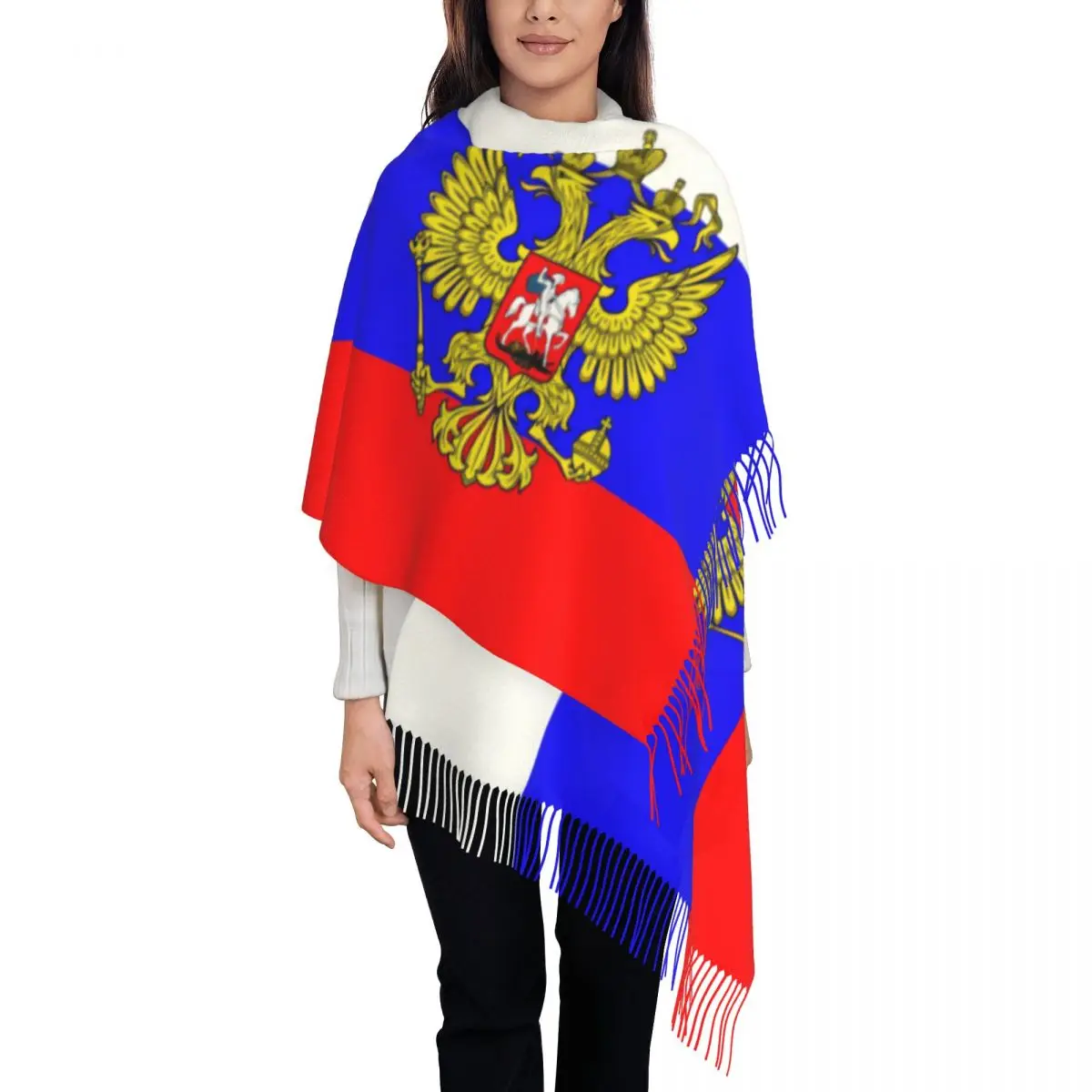 

Stylish Russian Flag Tassel Scarf Women Winter Fall Warm Shawl Wrap Lady Coat of Arms of Russia Scarves