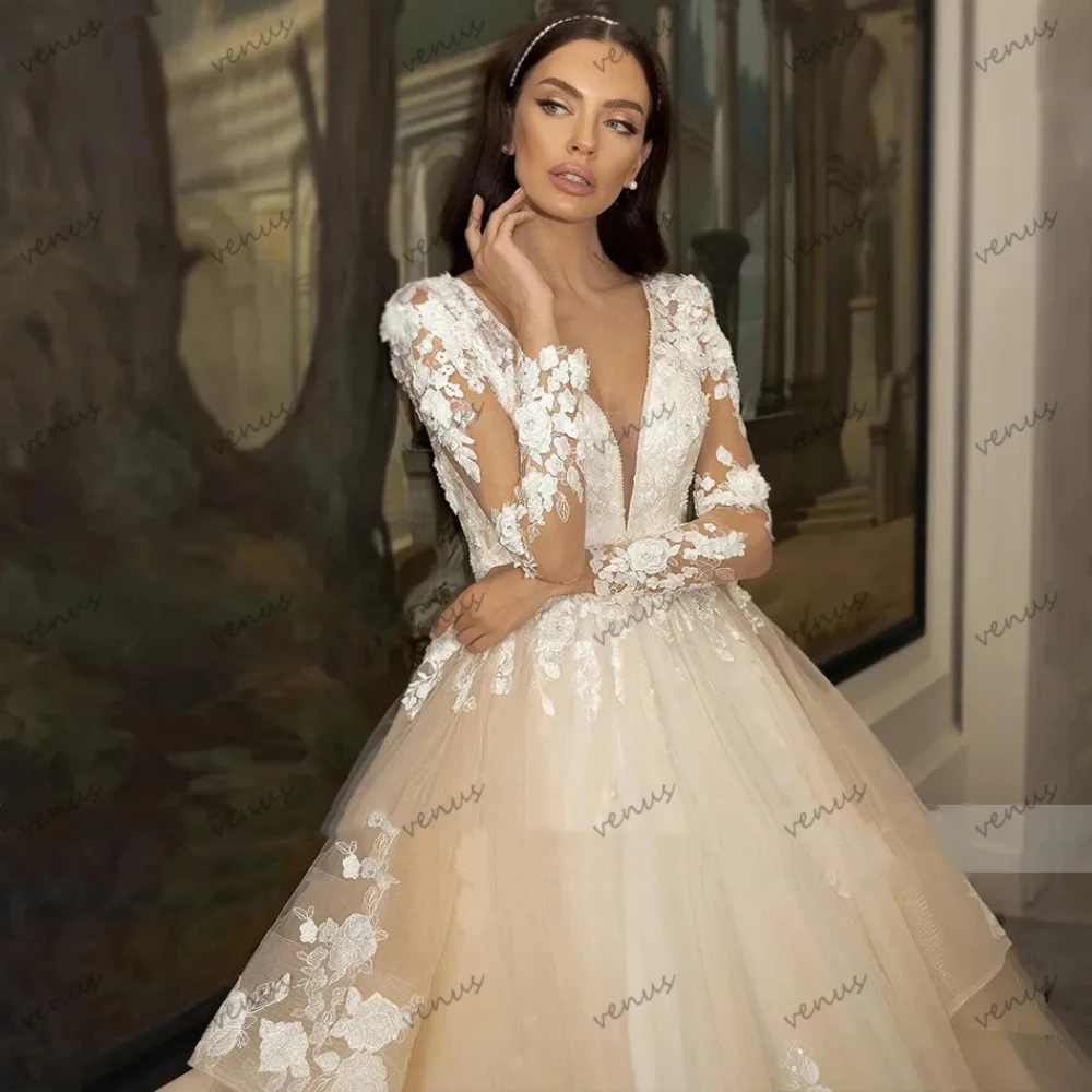 Squisiti abiti da sposa a-line Tulle abiti da sposa a strati Appliques di pizzo maniche lunghe lunghezza del pavimento abiti glamour De Novia