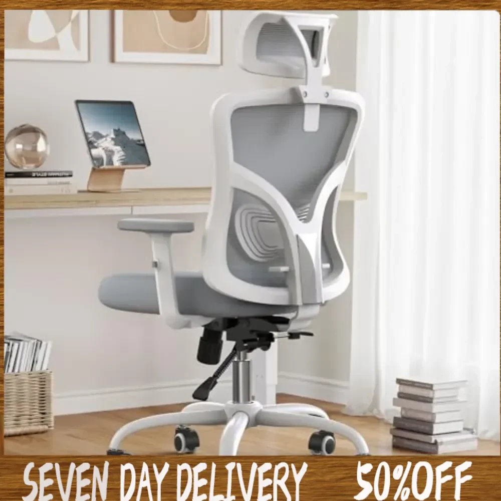 

Office chair/waist support, headrest, 2D armrest, office chair back 135° swing for relaxation, computer chair White home office