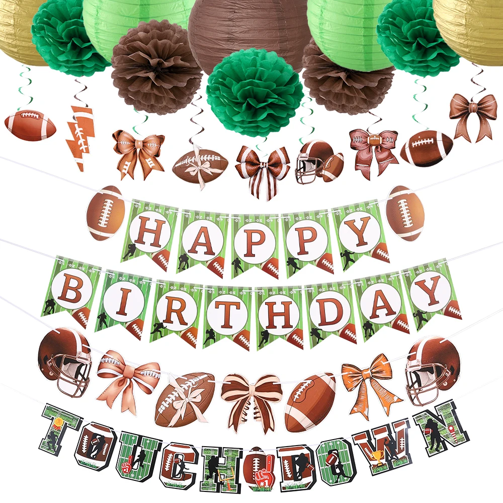 Rugby Party Supplies Green Brown Bow Happy Birthday Banner Pennant Spiral Sports Themed Festival American Football Party Decor