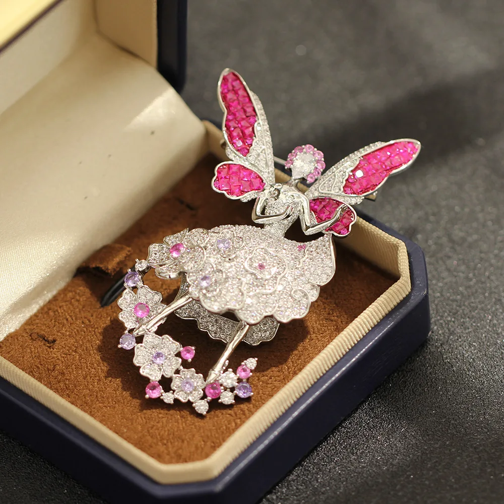 Sparkling Flower Fairy Brooch Magenta Crystal Elf Pin Heavy Intricate Light Luxury for Suit Coat