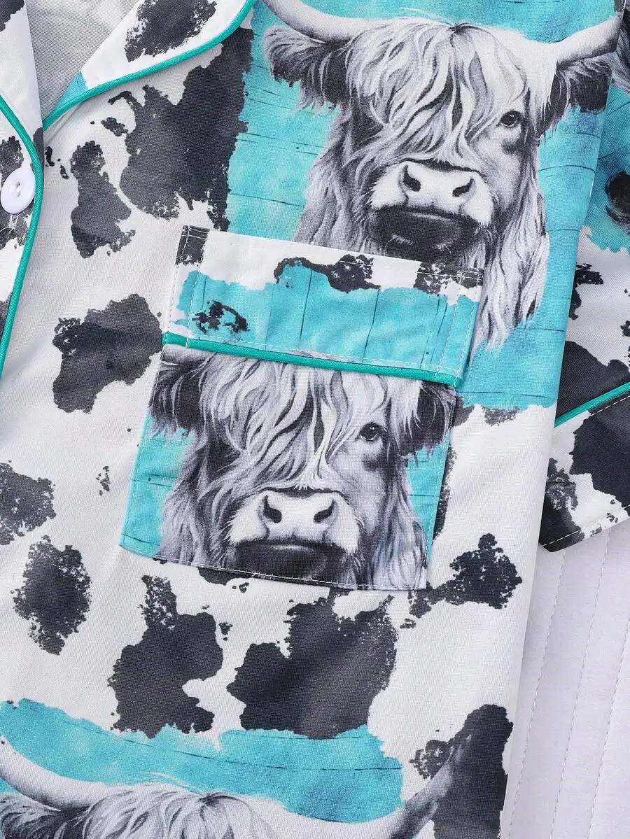 Women Cow Print Pajama Set With Collared Shirt And Elastic Waist Shorts