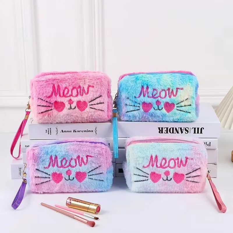 Cartoon Embroidered Plush Cosmetic Bag for Girls Makeup Pouch Case Student Portable Stationery Pouch Travel Organizer Wash Bag