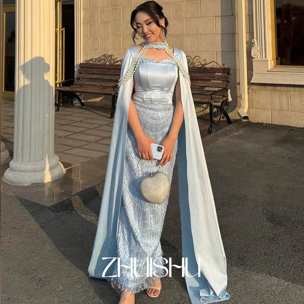 Suknie wieczorowe damskie ZHUISHU w stylu saudyjskim, arabskim i dubajskim, luksusowe, z peleryną, zdobione perłami, szyte na miarę, z koronką i koralikami, sukienki na przyjęcia.
