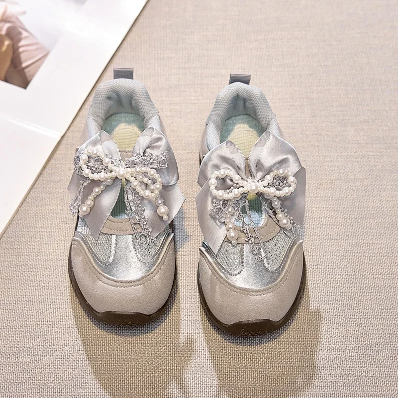 

Girls Sports Shoes Big Bows Beading Children Princess Shoes Casual Mesh Breathable 2025 Brand New Kids Sneakers Hook&loop Sweet