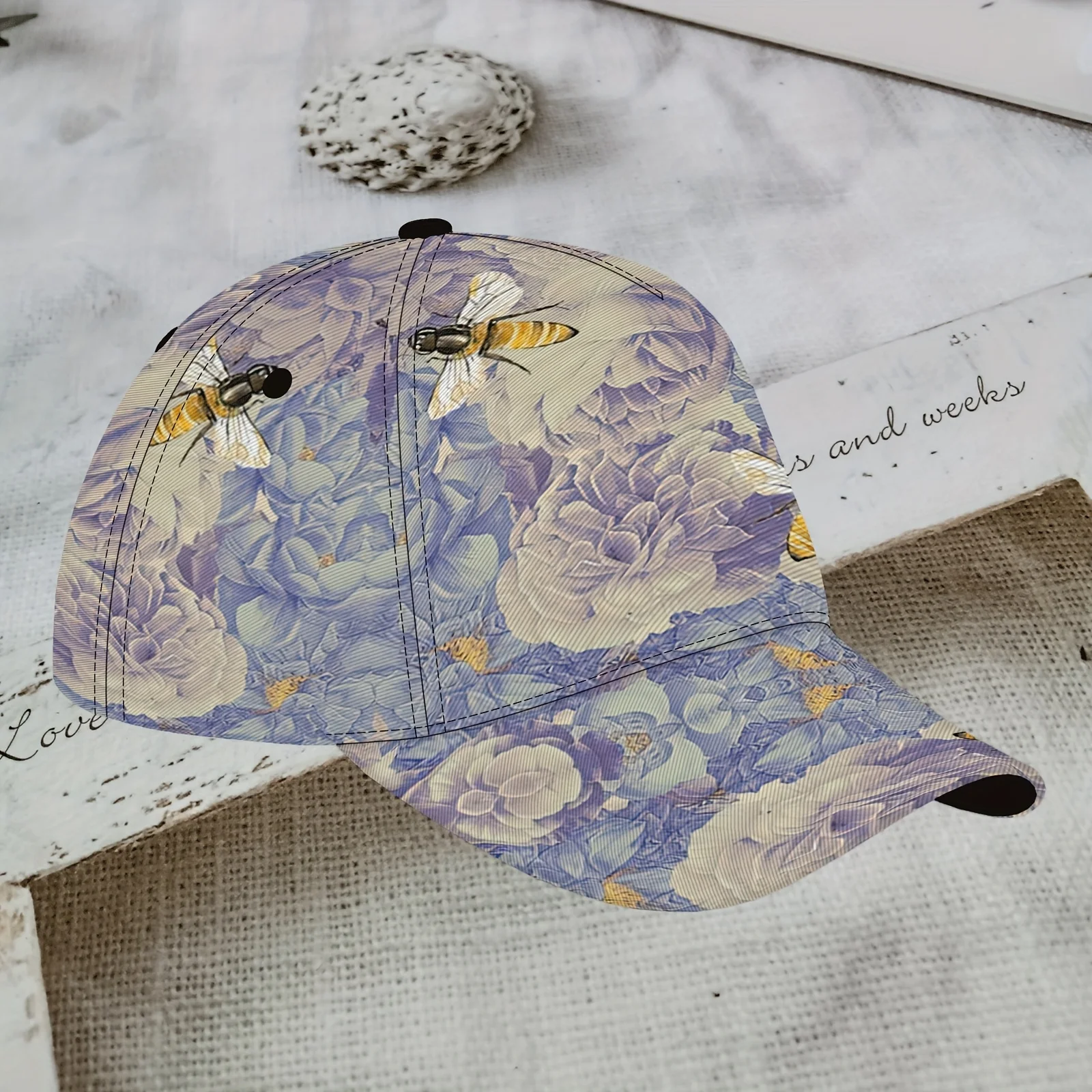 Honey Bee Lavender Floral Print Baseball Cap Vintage Botanical Pattern Adjustable Dad Hat Breathable Sun Hat for Nature Lovers