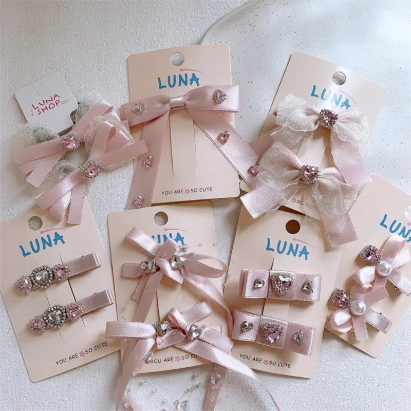 

Sweet Pink Love Bow Hair Accessories for Toddler Girls Rhinestone Design Side Bangs Clips Barrettes Elastic Non Slip Hair Ties