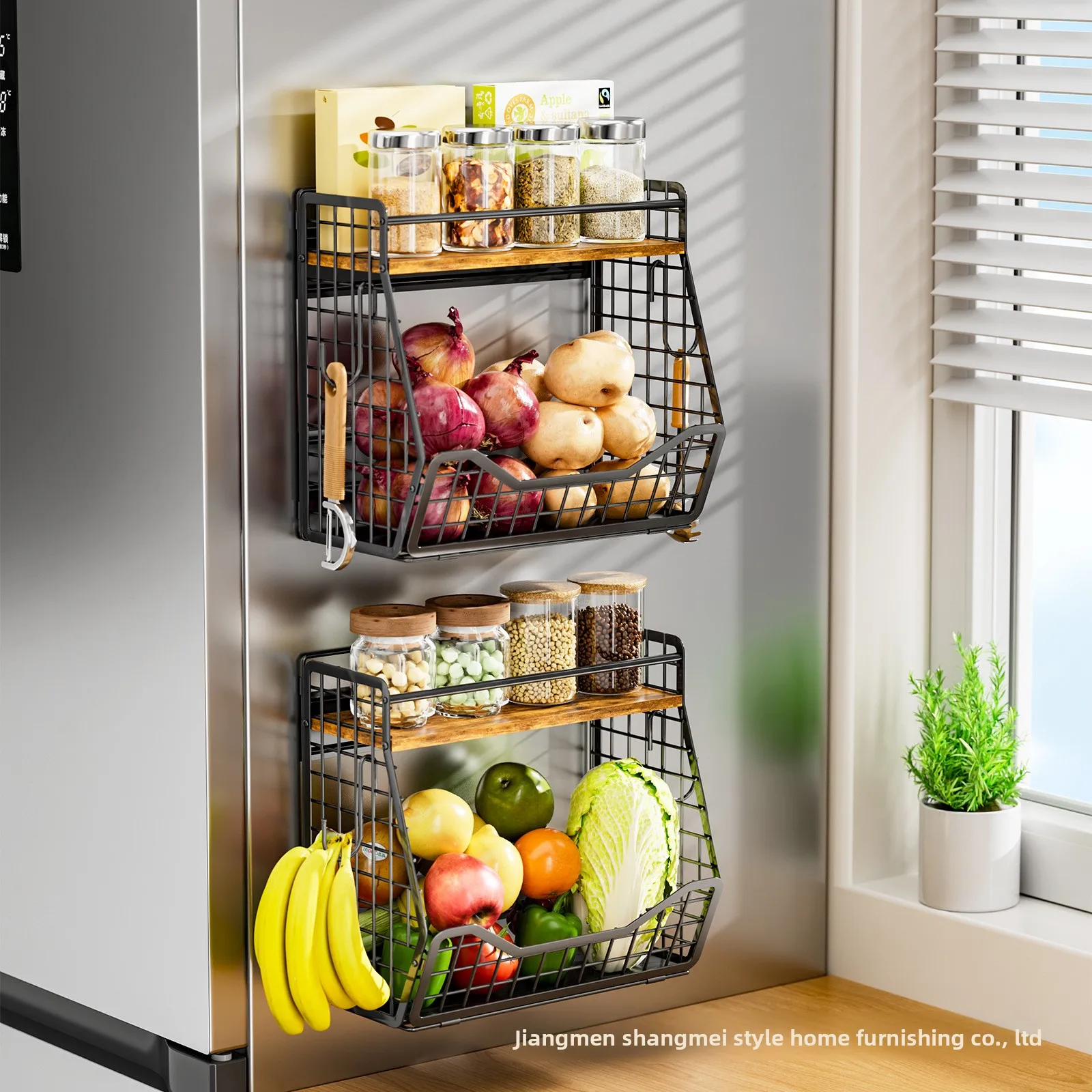 Magnetic Refrigerator Side Storage Basket Foldable Iron Kitchen Spice Rack Wood-Grain Effect Mdf Movable Hooks Detachable Black
