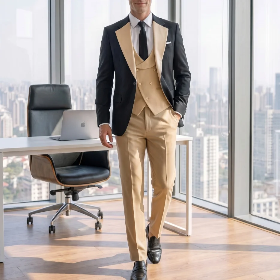 Men 3 Piece Business Suit Slim Fit Contrast Notch Lapel Jacket Vest Pants