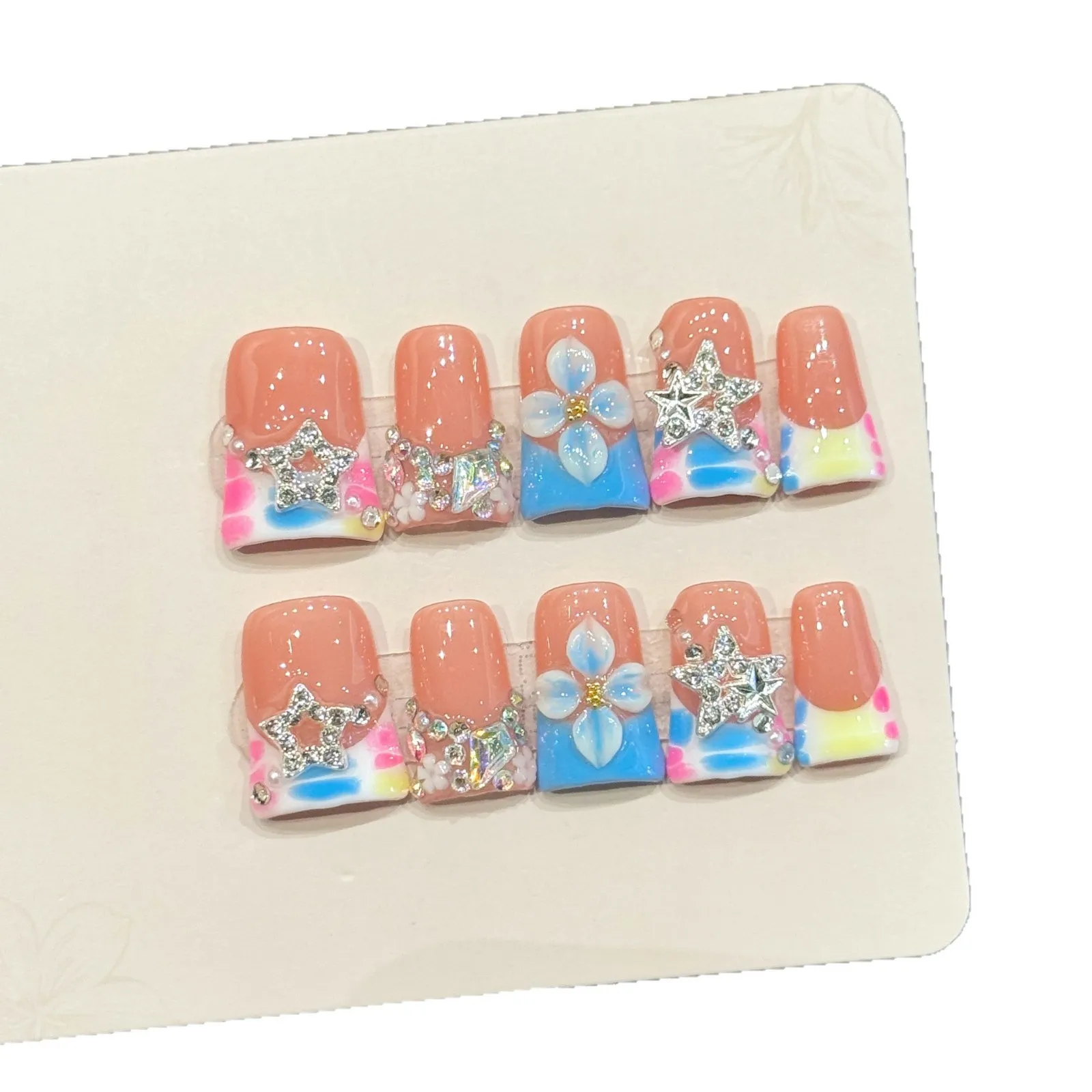 10 PCS Luxury Handmade Press on Nails Duckbill Type Carving Design with 3-PIECE Tool Adhesive Nail Glue Tabs