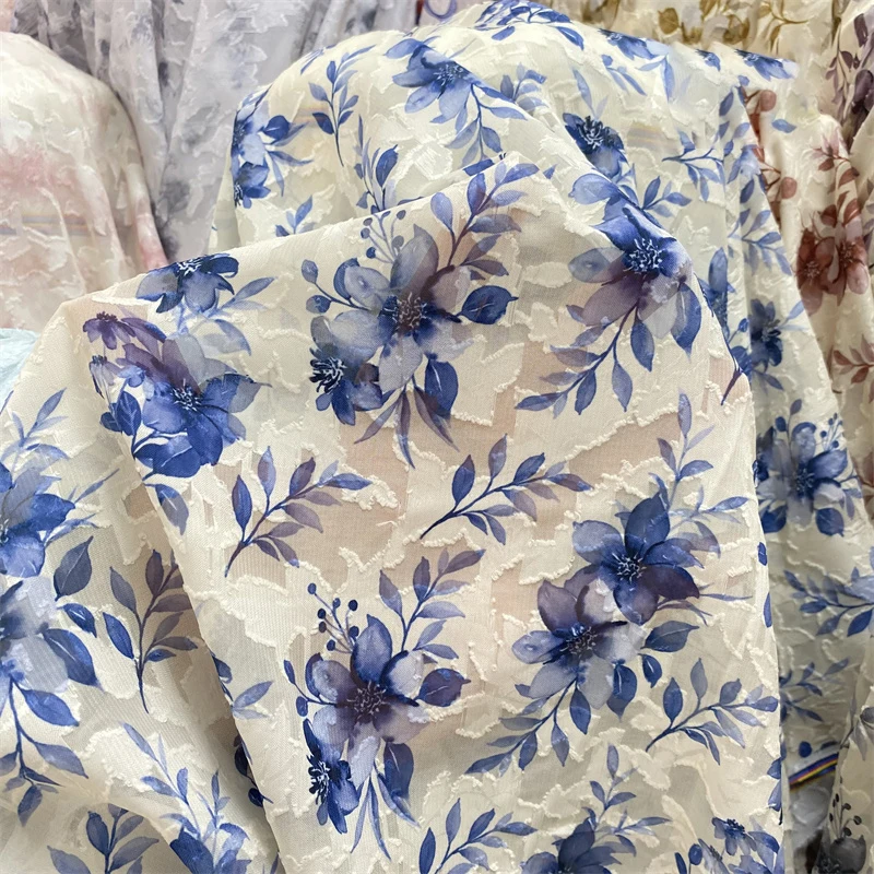 

Chinese Floral Jacquard Chiffon Fabric Semi Transparent Flowy Soft Breathable High End Material for DIY Dresses Sunscreen Shirts