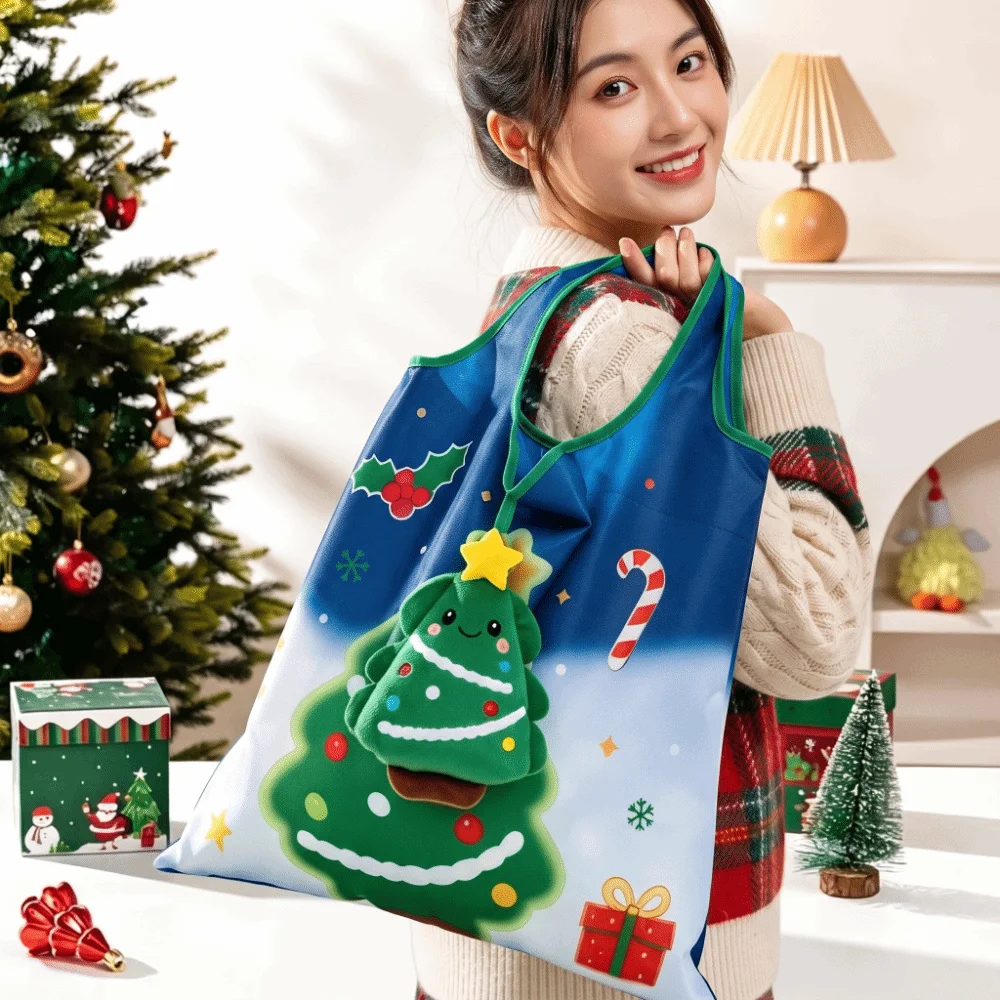 Colorful Christmas Grocery Tote Space-Saving Mini 2-in-1 Bag Charm Pouch Large Capacity Case Foldable Shopping Bag