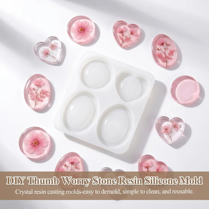 2Thumb stress-relief stone resin mold，Four designs（Oval、Heart-shaped）Pocket Stone Silicone Mold，Stress-relief stones can be hand