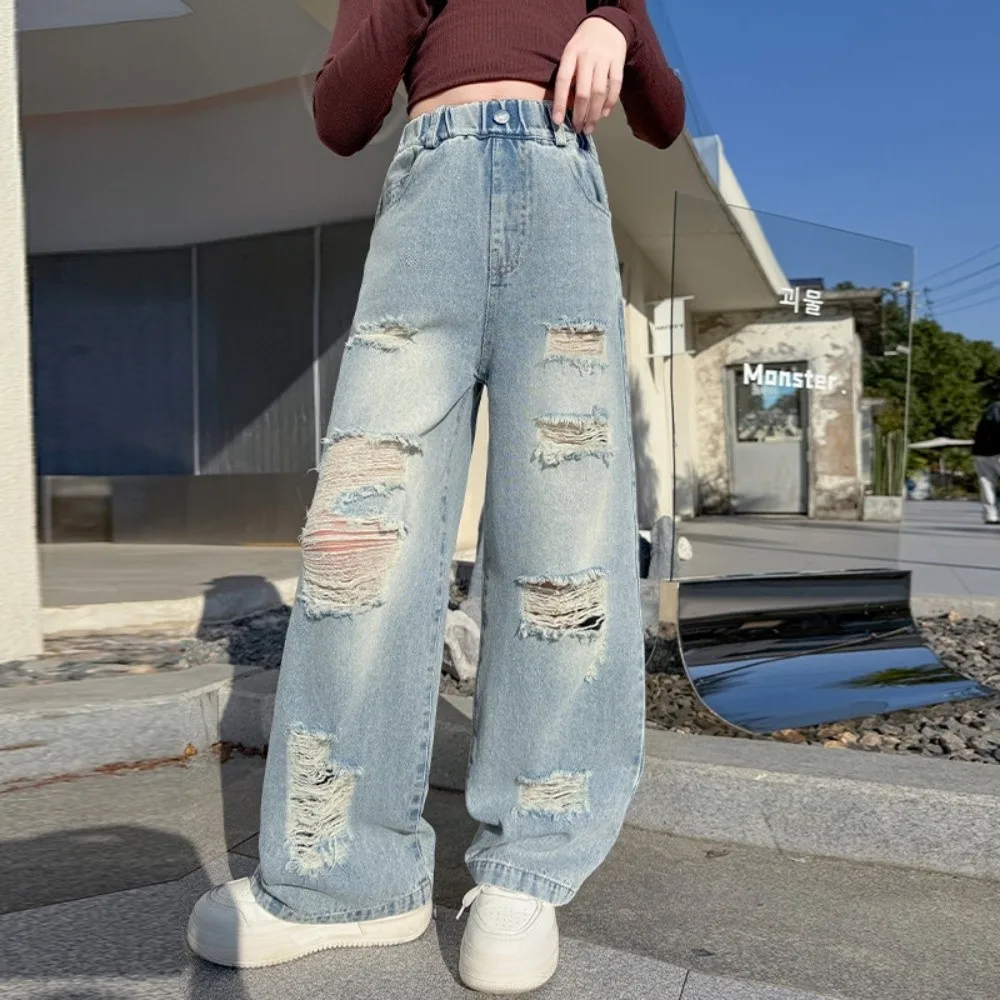 

Soft Ripped Wide Children Jeans Straight High Waist Blue Teen Girl Jeans Loose Leg Streetwear Girls Denim Trousers Kids Children