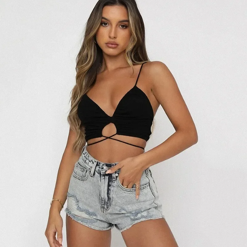 

Sexy Criss Cross Lace Up Sling Basic Bow Tie Crop Top Women Streetwear Summer Slim Backless Black Camis Y2K Halter Tops YF17