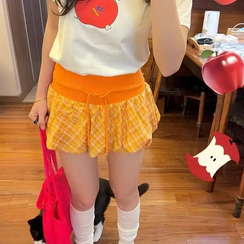 

Винтажная клетчатая юбка Y2k, женская оранжевая милая кавайная короткая юбка с рюшами на шнуровке, уличная одежда в стиле Харадзюку, летние мини-юбки